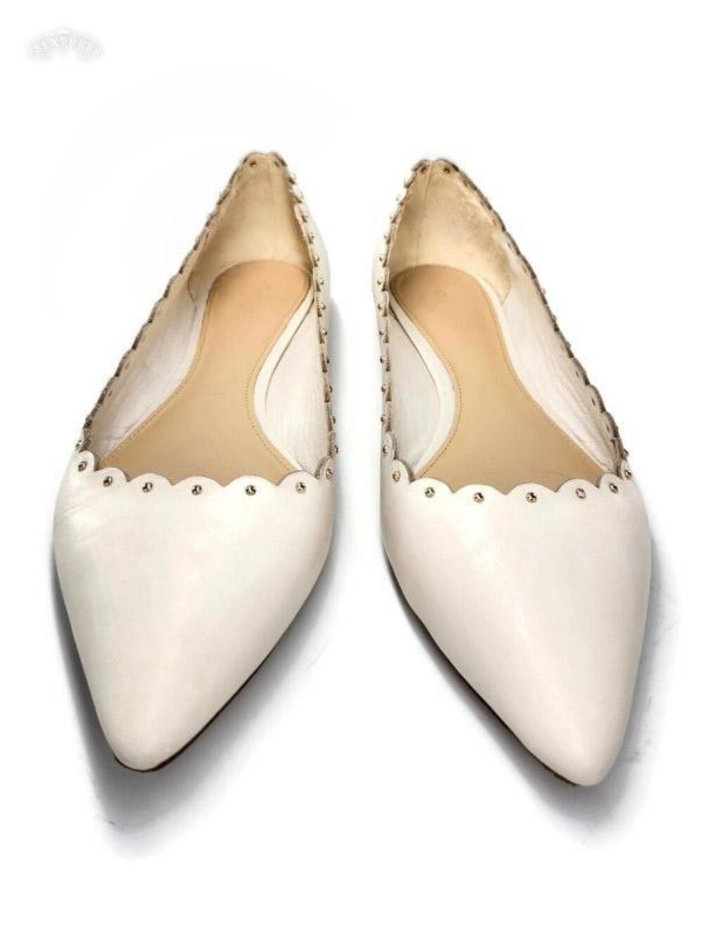 Coach Jill Cream Ivory Leather Scalloped Studded Point-Toe Slip-On Ballet Flats - Picture 3 of 11